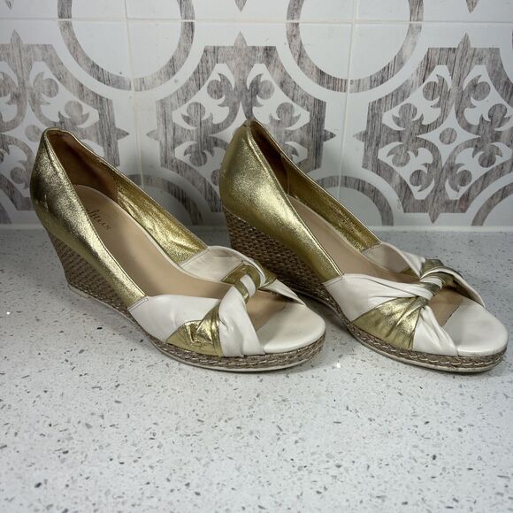 COLE HAAN AIR ESPADRILLE LEATHER WEDGES OPEN TOE SHOES WOMAN SZ 8.5B GOLD - Picture 1 of 7